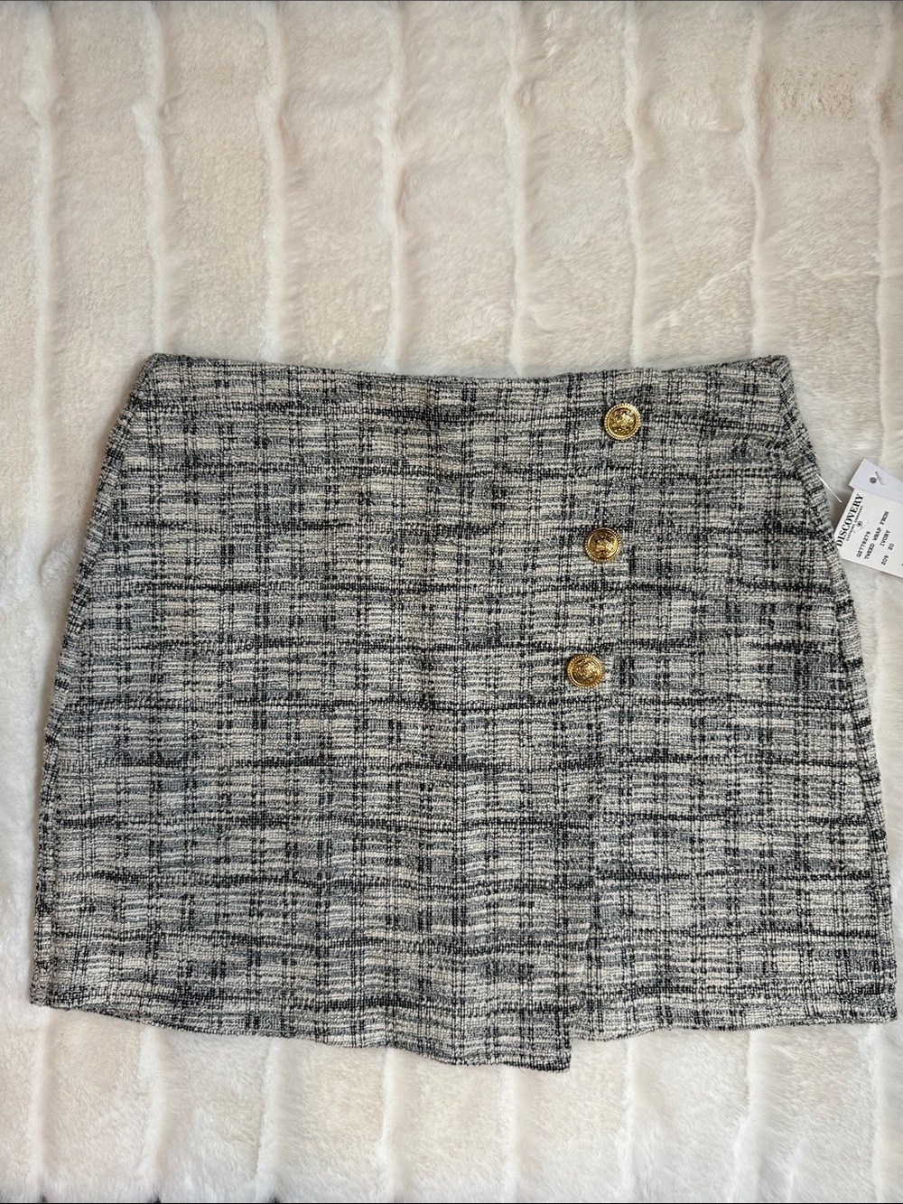 NWT Tweed Plaid Mini Skirt with Gold Buttons - Black & White